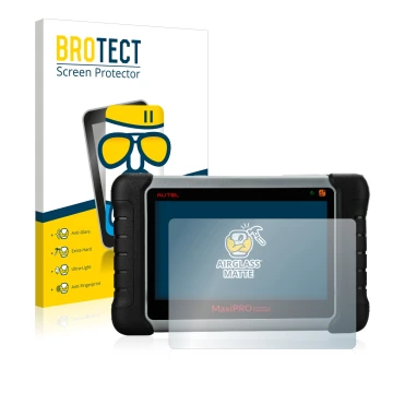 Front side of a product packaging with the brand logo BROTECT. Next to it is the device Autel MaxiPRO MP808TS shown with the c