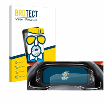 Front side of a product packaging with the brand logo BROTECT. Next to it is the device Volkswagen Polo 6 Digital Cockpit Pro 