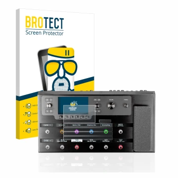 Front side of a product packaging with the brand logo BROTECT. Next to it is the device Line 6 Helix Floor shown with the corr