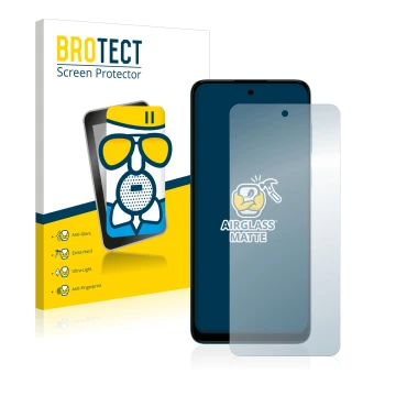 Front side of a product packaging with the brand logo BROTECT. Next to it is the device Motorola Moto G22 shown with the corre