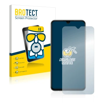 Front side of a product packaging with the brand logo BROTECT. Next to it is the device Samsung Galaxy M33 shown with the corr