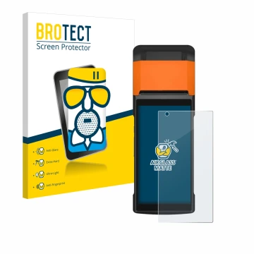 Front side of a product packaging with the brand logo BROTECT. Next to it is the device Sunmi V2s shown with the corresponding