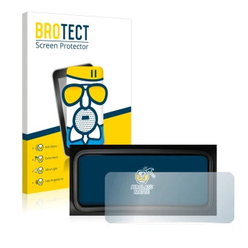 Front side of a product packaging with the brand logo BROTECT. Next to it is the device Hyundai Kona 2022 Speedometer display 