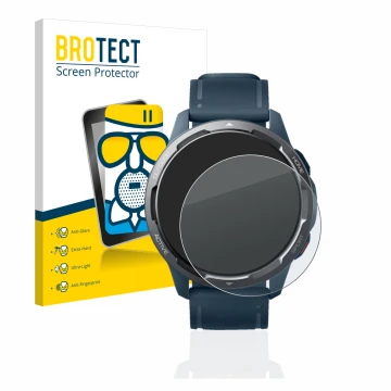 Front side of a product packaging with the brand logo BROTECT. Next to it is the device Xiaomi Watch S1 Active shown with the 