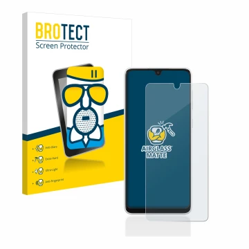 Front side of a product packaging with the brand logo BROTECT. Next to it is the device Samsung Galaxy A33 5G shown with the c