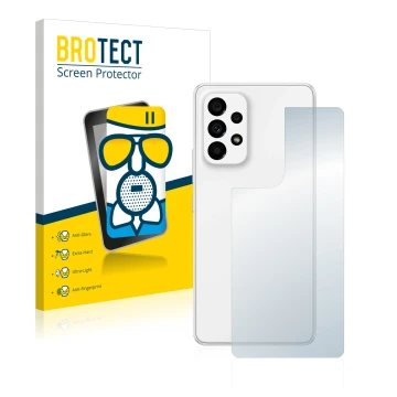 Front side of a product packaging with the brand logo BROTECT. Next to it is the device Samsung Galaxy A53 5G (Back) shown wit