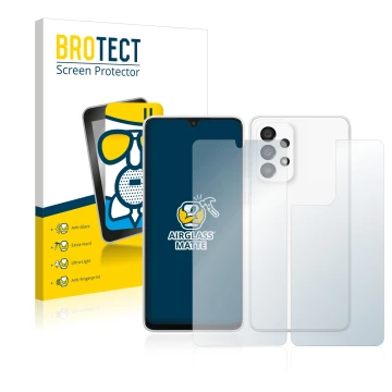 Front side of a product packaging with the brand logo BROTECT. Next to it is the device Samsung Galaxy A33 5G (Front+Back) sho