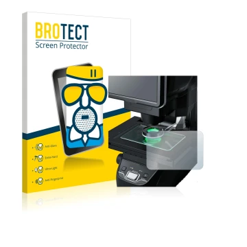Front side of a product packaging with the brand logo BROTECT. Next to it is the device Keyence IM-7030 Glass plate shown with