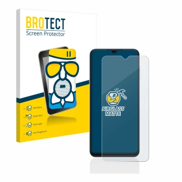 Front side of a product packaging with the brand logo BROTECT. Next to it is the device Samsung Galaxy A13 shown with the corr