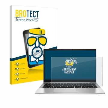 Front side of a product packaging with the brand logo BROTECT. Next to it is the device HP EliteBook 845 G8 shown with the cor