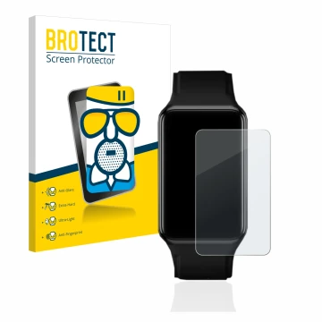 Front side of a product packaging with the brand logo BROTECT. Next to it is the device Oppo Watch Free shown with the corresp