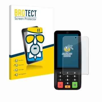 Front side of a product packaging with the brand logo BROTECT. Next to it is the device Pax A35 shown with the corresponding s