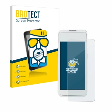 Front side of a product packaging with the brand logo BROTECT. Next to it is the device Pax A920 Pro shown with the correspond