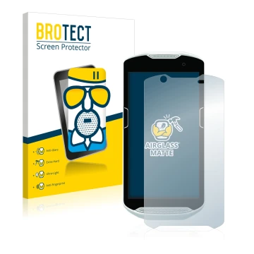 Front side of a product packaging with the brand logo BROTECT. Next to it is the device Zebra TC52 shown with the correspondin