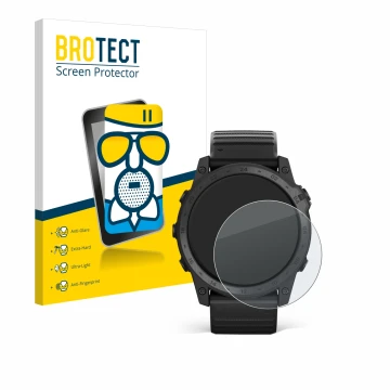 Front side of a product packaging with the brand logo BROTECT. Next to it is the device Garmin Tactix 7 Pro shown with the cor