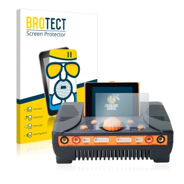 Front side of a product packaging with the brand logo BROTECT. Next to it is the device Junsi iCharger 406 Duo shown with the 