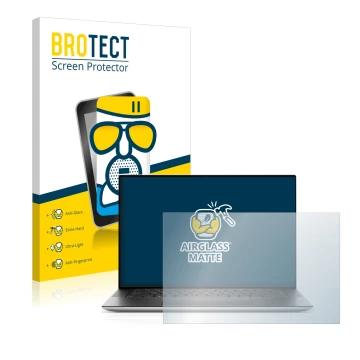 Front side of a product packaging with the brand logo BROTECT. Next to it is the device Dell XPS 15 9520 Non-Touch shown with 
