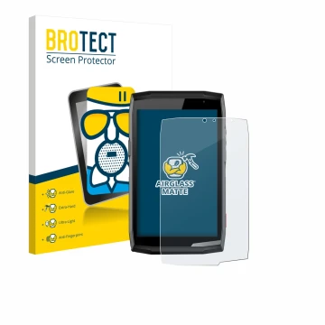 Front side of a product packaging with the brand logo BROTECT. Next to it is the device Crosscall Core T5 shown with the corre