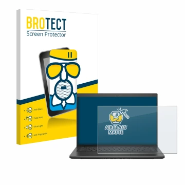 Front side of a product packaging with the brand logo BROTECT. Next to it is the device Dell Latitude 3420 shown with the corr