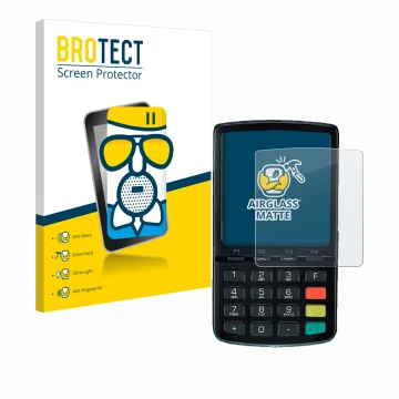 Front side of a product packaging with the brand logo BROTECT. Next to it is the device ingenico Link/2500 shown with the corr