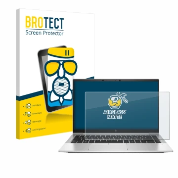 Front side of a product packaging with the brand logo BROTECT. Next to it is the device HP EliteBook 845 G7 shown with the cor