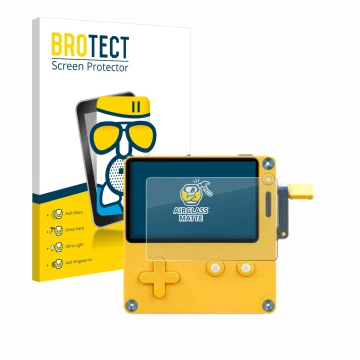 Front side of a product packaging with the brand logo BROTECT. Next to it is the device Panic Playdate shown with the correspo