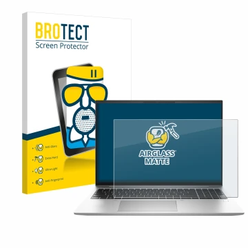 Front side of a product packaging with the brand logo BROTECT. Next to it is the device HP EliteBook 840 G9 shown with the cor
