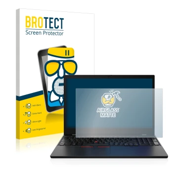 Front side of a product packaging with the brand logo BROTECT. Next to it is the device Lenovo ThinkPad L15 Gen 2 shown with t