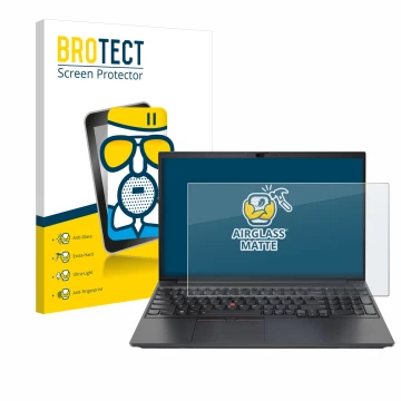 Front side of a product packaging with the brand logo BROTECT. Next to it is the device Lenovo ThinkPad E15 Gen 2 shown with t