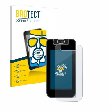 Front side of a product packaging with the brand logo BROTECT. Next to it is the device Vtech KidiBuzz 3 shown with the corres