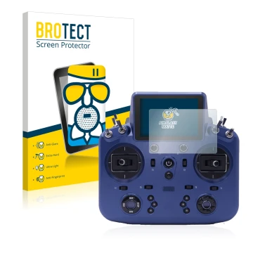 Front side of a product packaging with the brand logo BROTECT. Next to it is the device FrSky Tandem X18 shown with the corres