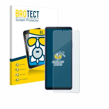 Front side of a product packaging with the brand logo BROTECT. Next to it is the device Sony Xperia 10 IV shown with the corre