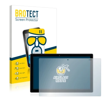 Front side of a product packaging with the brand logo BROTECT. Next to it is the device Wortmann Terra Pad 1162 N4120 W11 Pro 
