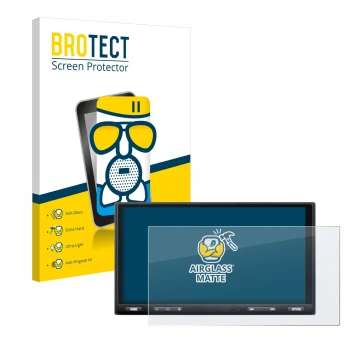 Front side of a product packaging with the brand logo BROTECT. Next to it is the device Sony XAV-AX5650 shown with the corresp