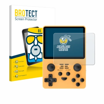 Front side of a product packaging with the brand logo BROTECT. Next to it is the device Powkiddy RGB20S shown with the corresp