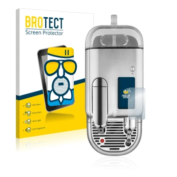 Front side of a product packaging with the brand logo BROTECT. Next to it is the device Sage Nespresso Creatista Pro shown wit