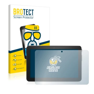 Front side of a product packaging with the brand logo BROTECT. Next to it is the device Amazon Fire 7 2022 shown with the corr