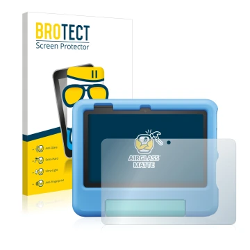 Front side of a product packaging with the brand logo BROTECT. Next to it is the device Amazon Fire 7 Kids 2022 shown with the