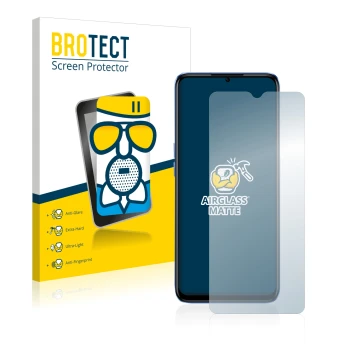 Front side of a product packaging with the brand logo BROTECT. Next to it is the device realme Narzo 50 5G shown with the corr