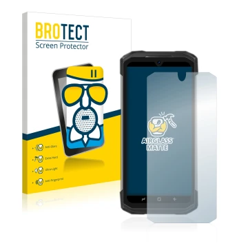 Front side of a product packaging with the brand logo BROTECT. Next to it is the device Doogee S98 Pro shown with the correspo