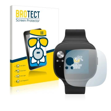 Front side of a product packaging with the brand logo BROTECT. Next to it is the device ASUS Vivowatch BP shown with the corre
