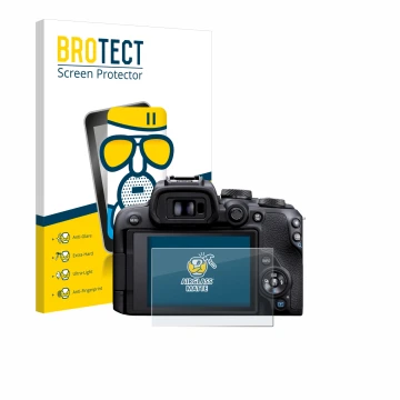 Front side of a product packaging with the brand logo BROTECT. Next to it is the device Canon EOS R10 shown with the correspon
