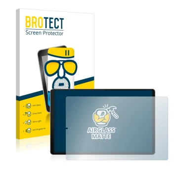 Front side of a product packaging with the brand logo BROTECT. Next to it is the device Lenovo Tab M10 FHD Plus (2nd Gen.) sho