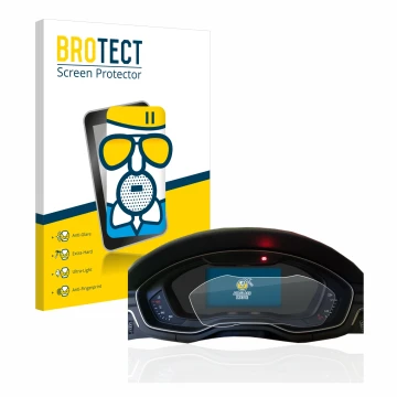 Front side of a product packaging with the brand logo BROTECT. Next to it is the device Audi A4 B9 2017 Virtual Cockpit shown 