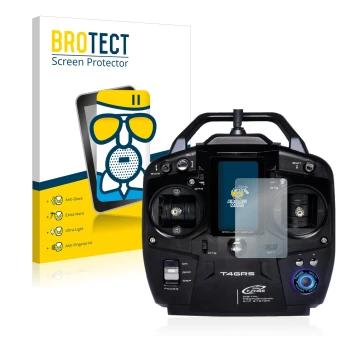 Front side of a product packaging with the brand logo BROTECT. Next to it is the device Futaba T4GRS shown with the correspond