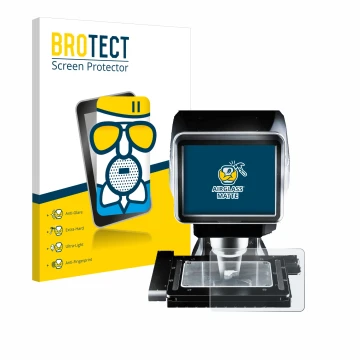 Front side of a product packaging with the brand logo BROTECT. Next to it is the device Keyence LM-1100 Glass plate shown with