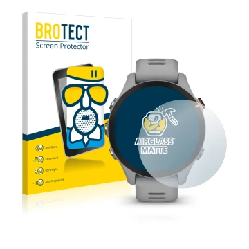Front side of a product packaging with the brand logo BROTECT. Next to it is the device Garmin Forerunner 255S shown with the 