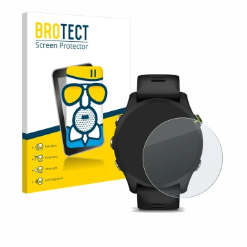 Front side of a product packaging with the brand logo BROTECT. Next to it is the device Garmin Forerunner 255 shown with the c