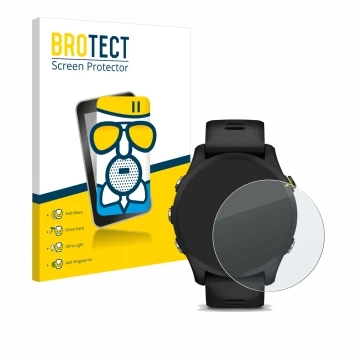 Front side of a product packaging with the brand logo BROTECT. Next to it is the device Garmin Forerunner 255 Music shown with