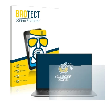 Front side of a product packaging with the brand logo BROTECT. Next to it is the device Dell Precision 5570 Touch shown with t